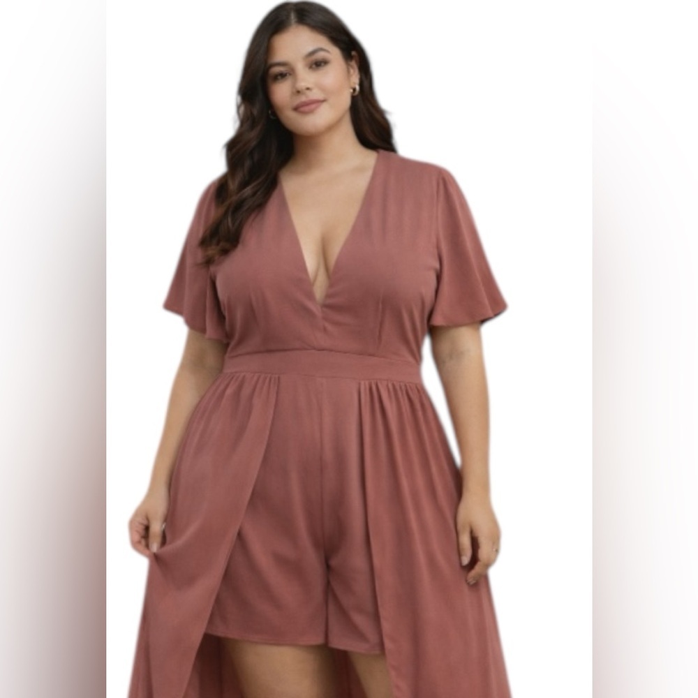 Haute Monde 2XL Mauve Pink Romper Dress Overlay Shorts Flutter Sleeve